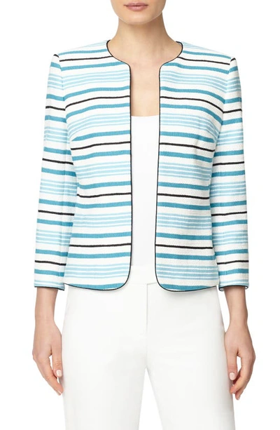 Shop Anne Klein Stripe Cotton Blend Collarless Jacket In Anne White/ Siren Blue Combo