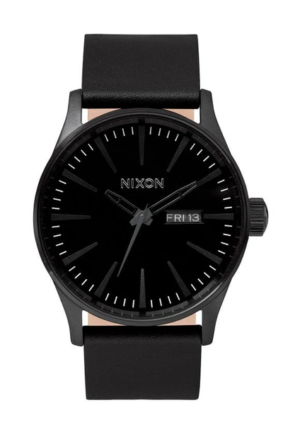 Shop Nixon The Sentry Leather Strap Watch, 42mm In All Black