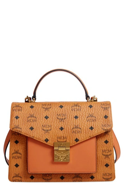 Shop Mcm Medium Patricia Visetos Coated Canvas Satchel In Cognac