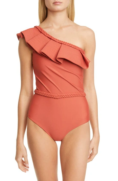 Shop Johanna Ortiz Ruffle One-shoulder One-piece Swimsuit In Paprika Red