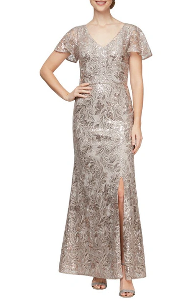 Shop Alex Evenings Beaded & Embroidered A-line Gown In Taupe