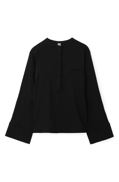 Shop Totême Half Button Linen Blend Shirt In Black