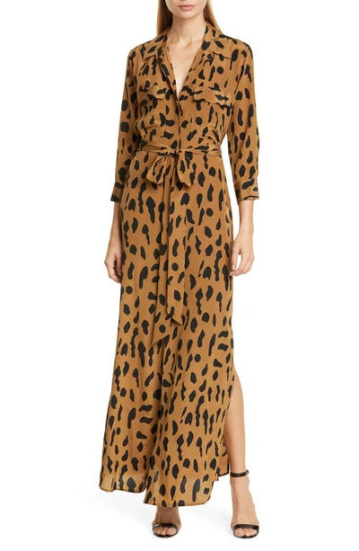 Shop L Agence Leopard Print Silk Maxi Shirtdress In Camel/ Black Animal