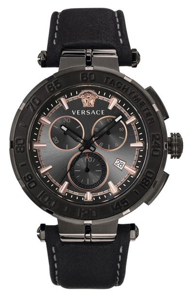 Shop Versace Greca Detailed Leather Strap Watch, 45mm In Black