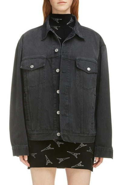 Shop Balenciaga Embellished Logo Denim Jacket In 1103-vintage Black Wash