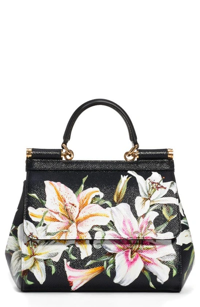 Shop Dolce & Gabbana Small Sicily Lily Print Leather Satchel In Nero/ Lily Print