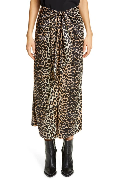 Shop Ganni Leopard Print Silk Satin Midi Skirt
