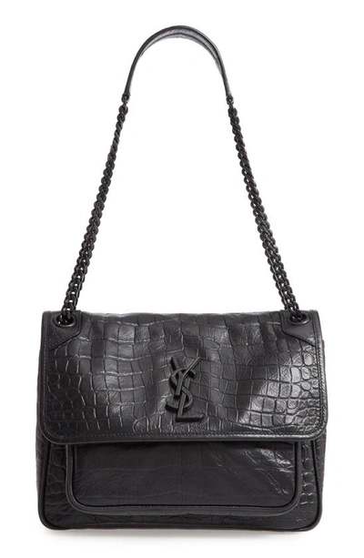 Shop Saint Laurent Medium Niki Croc-embossed Leather Shoulder Bag In Noir