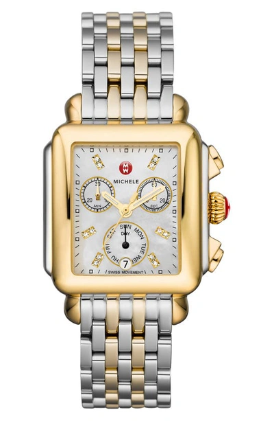 Shop Michele Deco Diamond Chronograph Watch Head & Bracelet, 33mm In Gold/ Silver/ White