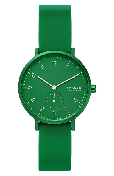 Shop Skagen Aaren Kul?r Rubber Strap Watch, 36mm In Green