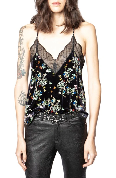 Zadig & Voltaire Christy Velvet Blossom Lace Trim Camisole In Noir