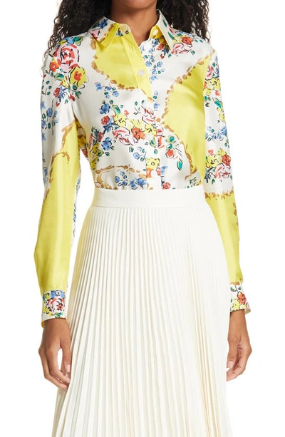 Shop Tory Burch Floral Print Silk Blouse In Yellow Porcelain Floral
