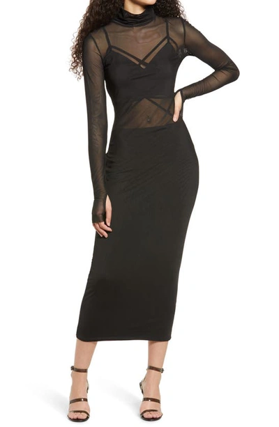 Shop Afrm Long Sleeve Mesh Body-con Dress In Noir