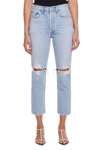 Shop Agolde Riley Ripped Crop Nonstretch Straight Leg Jeans In Clear Skies