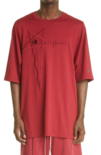 Shop Rick Owens X Champion Logo Embroidered Oversize T-shirt In Dark Cherry