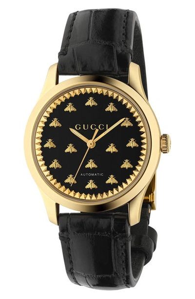 Shop Gucci G-timeless Black Dial Leather Strap Watch, 38mm In Yellow Gold/ Black