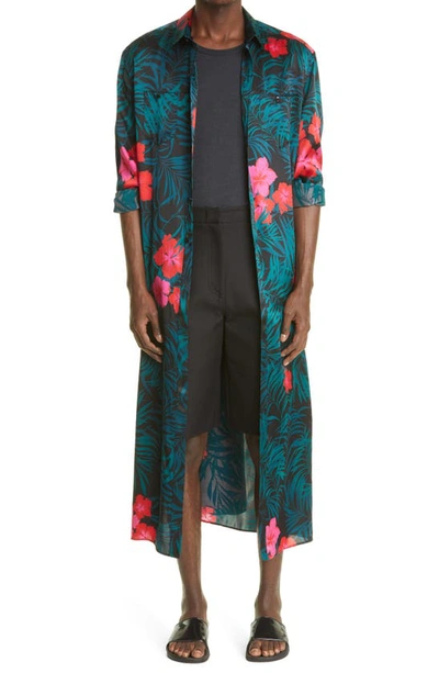 Shop Saint Laurent Tropical Hibiscus Print Long Oversize Button-up Shirt In Noir Emerald