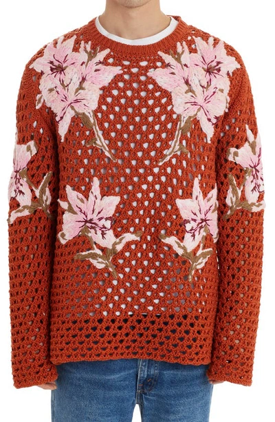 Shop Valentino Floral Embroidered Crochet Crewneck Sweater In Pink/ Orange