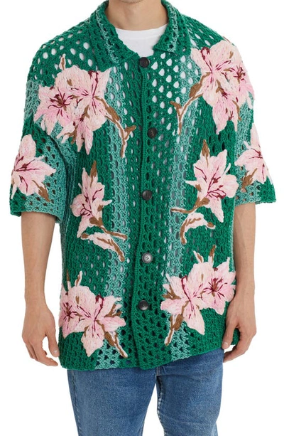 Shop Valentino Floral Crochet Button-up Short Sleeve Camp Shirt In Green/ Pink