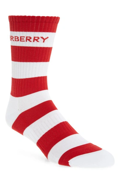 Shop Burberry Stripe Logo Crew Socks In Red / White