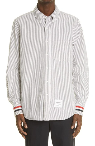 Shop Thom Browne Long Sleeve Button-down Seersucker Shirt In Medium Grey