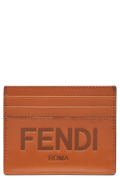Shop Fendi Logo Embossed Leather Card Case In Cuoio Ebano Pall
