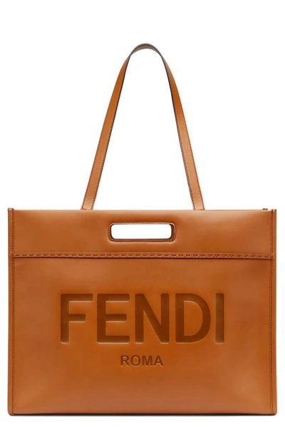 Shop Fendi Logo Debossed Leather Tote In Cuoio Palladio