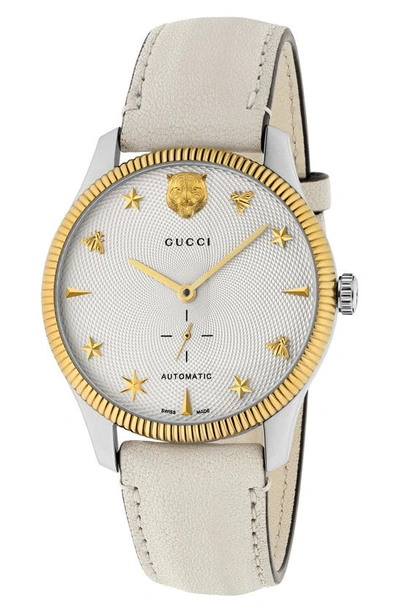 Shop Gucci G-timeless Leather Strap Watch, 40mm In White/ Silver/ Gold