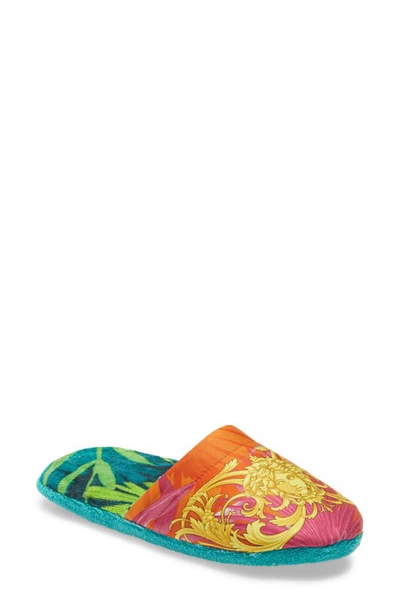 Shop Versace Jungle Satin Slippers In Green/ Print