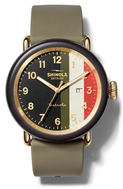 Shop Shinola Detrola The Burnout Silicone Strap Watch, 43mm In Khaki/ Cream/ Red/ Charcoal