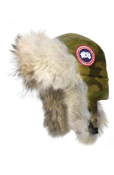 Shop Canada Goose Aviator Hat With Genuine Coyote Fur Trim In Camo/ Military Green
