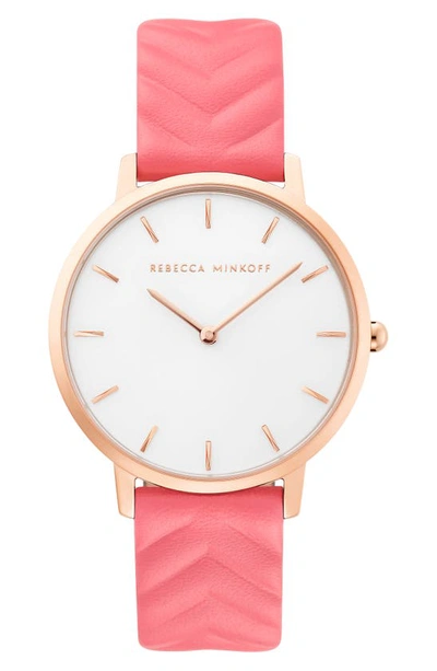 Shop Rebecca Minkoff Major Embossed Leather Watch, 35mm In Pink/ White/ Rose Gold