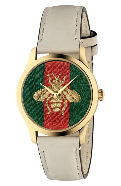 Shop Gucci G-timeless Bee Leather Strap Watch, 38mm In White/ Green/ Red/ Gold
