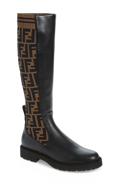 Shop Fendi Rockoko Logo Sock Knee High Boot In Black/ Brown