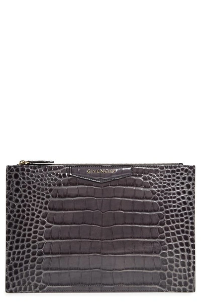 Shop Givenchy Medium Antigona Croc Embossed Leather Pouch In Storm Grey