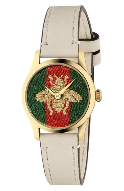 Shop Gucci G-timeless Bee Leather Strap Watch, 27mm In White/ Green/ Red/ Gold