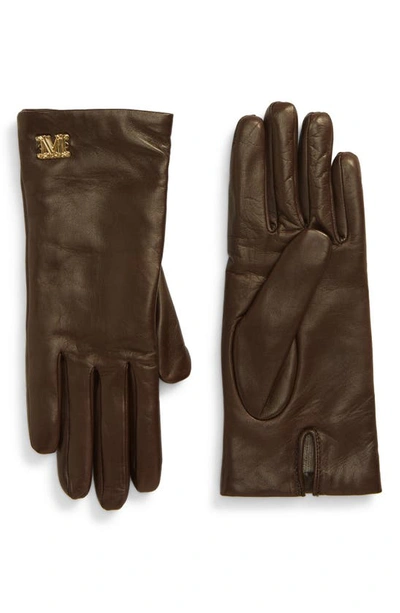 Shop Max Mara Logo Hardware Leather Gloves In Dark Brown