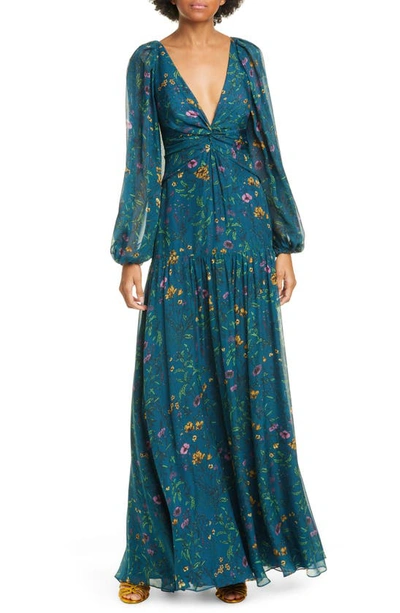 Shop Amur Gwenevere Floral Print Long Sleeve Silk Maxi Dress In Teal Multi Wildflowers