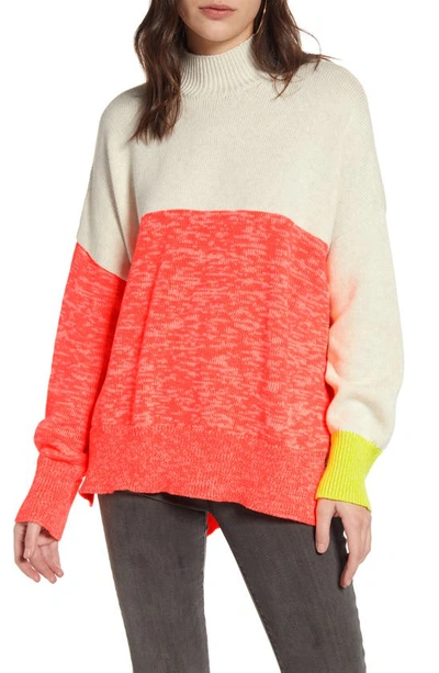 Shop French Connection Joelle Colorblock Cotton Blend Sweater In Fiery Coral/ Grey Mel/ Lemon
