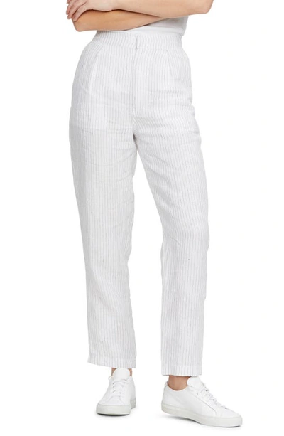 Shop Michael Stars Flynn Pinstripe Straight Leg Linen Trousers In White W/ Black S