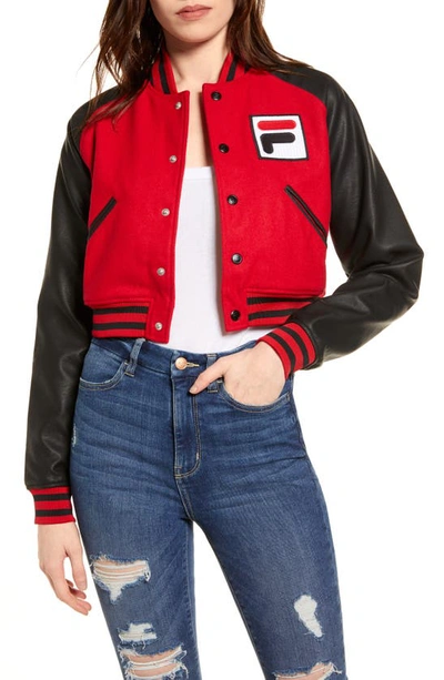 Shop Fila Rosalie Sequin Logo Crop Bomber Jacket In Red/ Black/ White