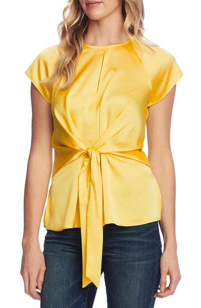 Shop Vince Camuto Tie Front Satin Charmeuse Keyhole Blouse In Soft Canary