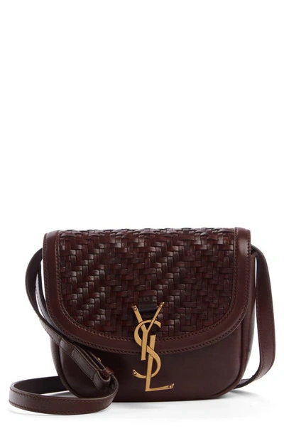 Shop Saint Laurent Small Kaia Woven Leather Crossbody Bag In Brun Fonce