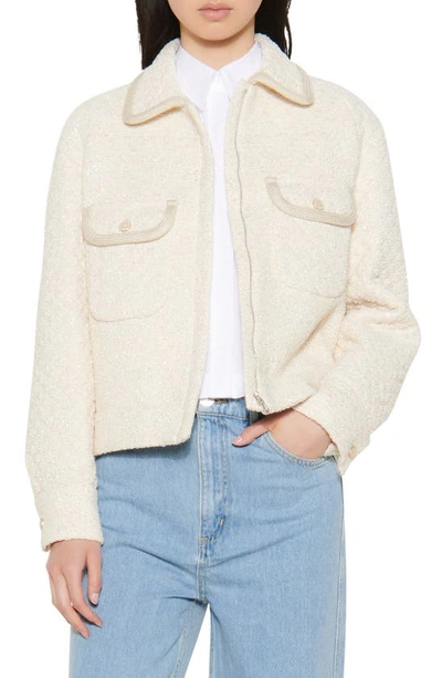Shop Sandro Metallic Cotton Blend Tweed Jacket In Ecru
