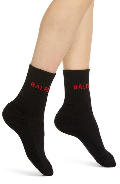 Shop Balenciaga Logo Tennis Socks In Black/ Red