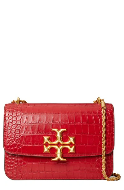 Shop Tory Burch Eleanor Croc Embossed Leather Convertible Shoulder Bag In Redstone