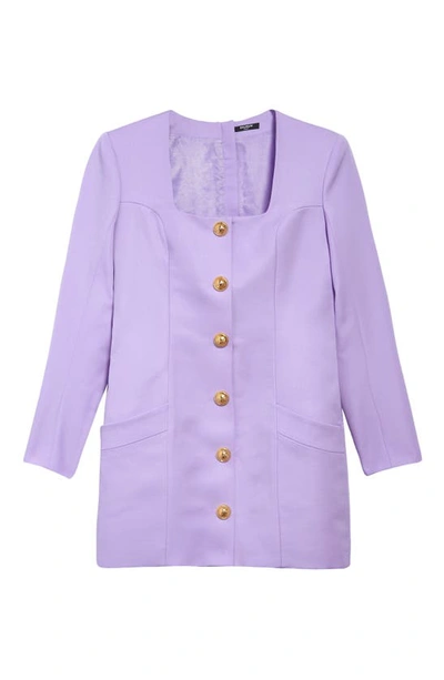 Shop Balmain Square Neck Long Sleeve Wool Minidress In Lavender