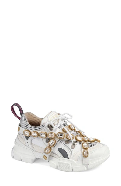 Shop Gucci Flashtrek Jewel Embellished Sneaker In White/ Gold