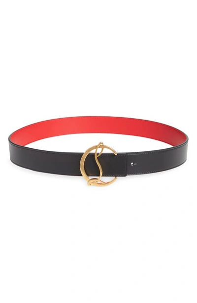 Shop Christian Louboutin Logo Buckle Leather Belt In Black/antic Gold