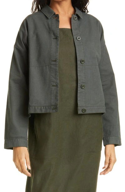 Shop Eileen Fisher Spread Collar Cotton Blend Jacket In Seaweed